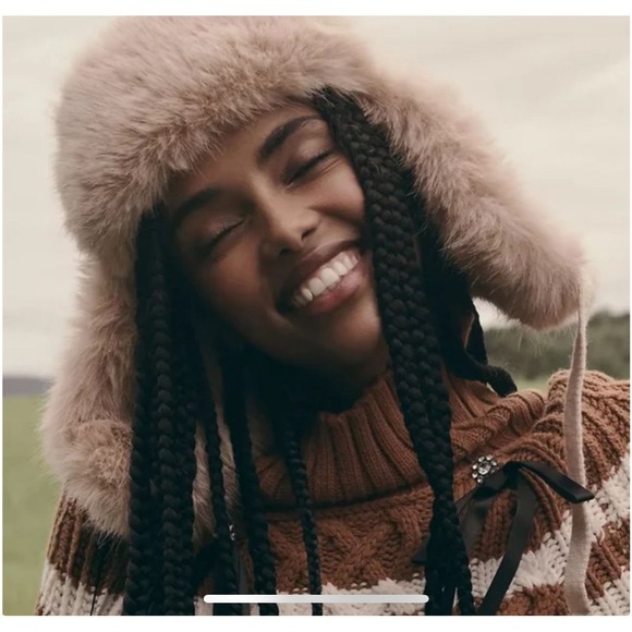 Anthropologie Trapper Hat Women One Size Cream Tan Cable Knit Faux Fur Aviator main image 8